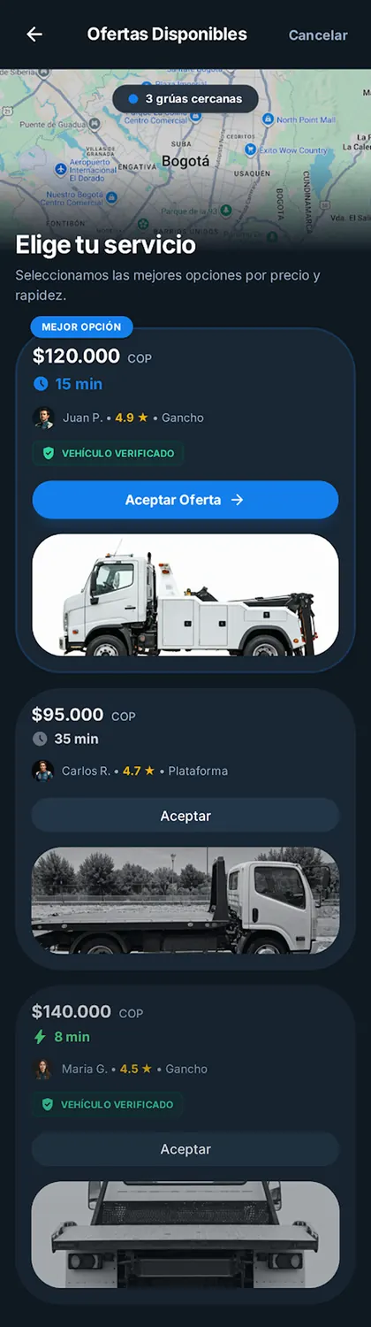 Pantallas de la app de Tu Grúa Online